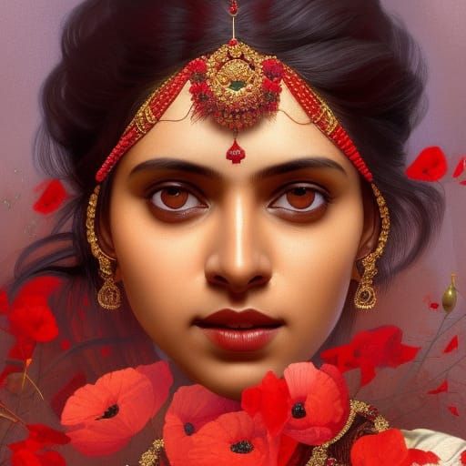 Indian Woman in Poppy Flower Portrait