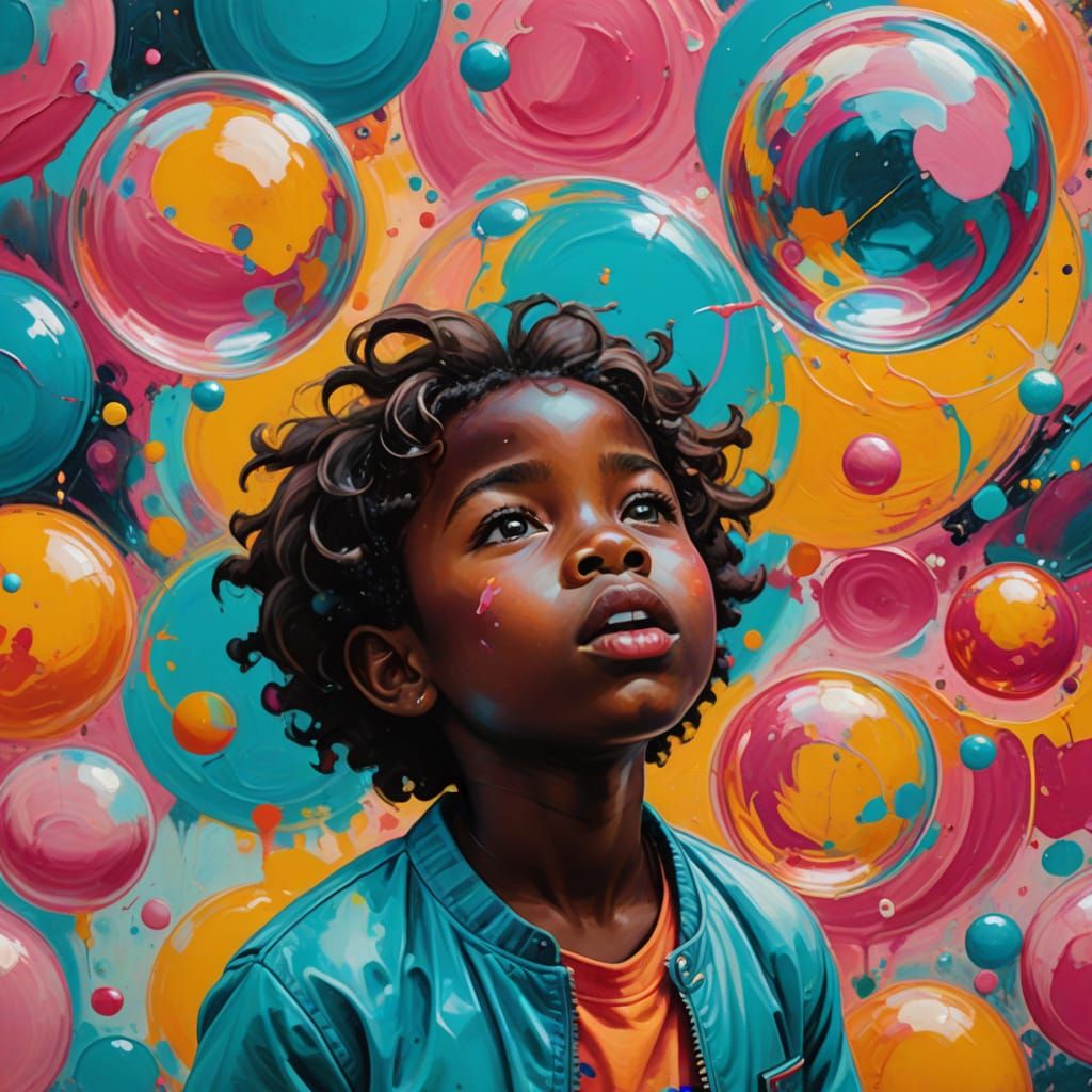 Vibrant Whimsical Abstract Art of a Child Blowing a Glowing ...