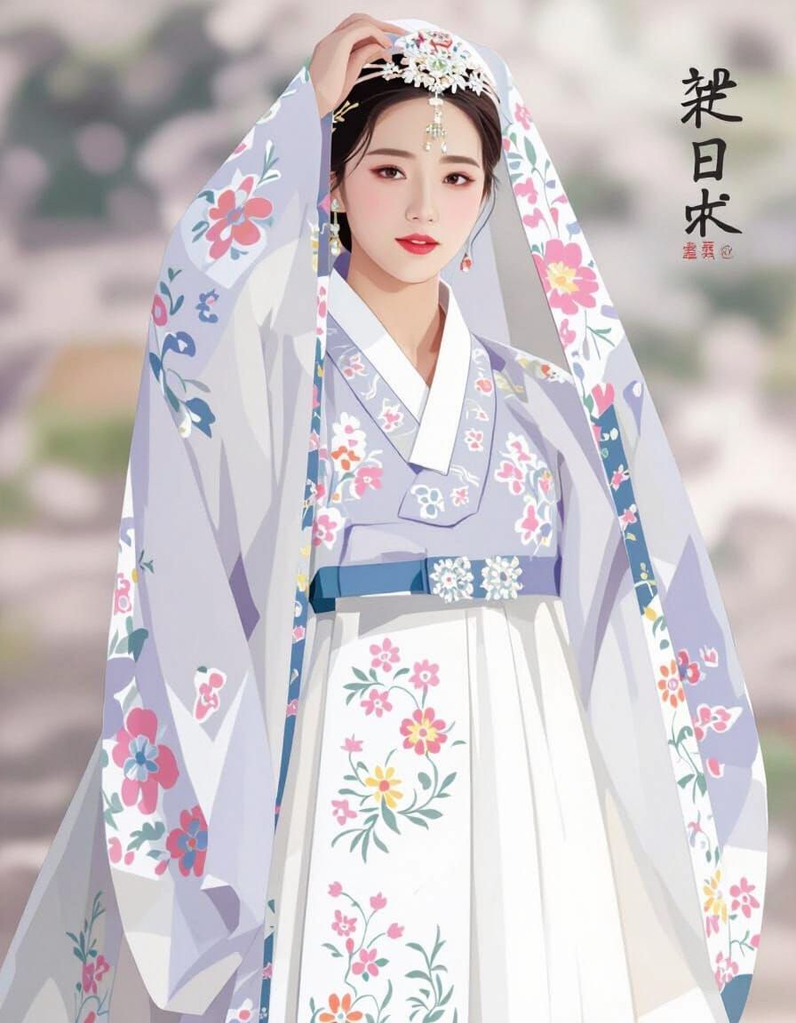 Woman in Vibrant Hanbok in Serene Nature Setting