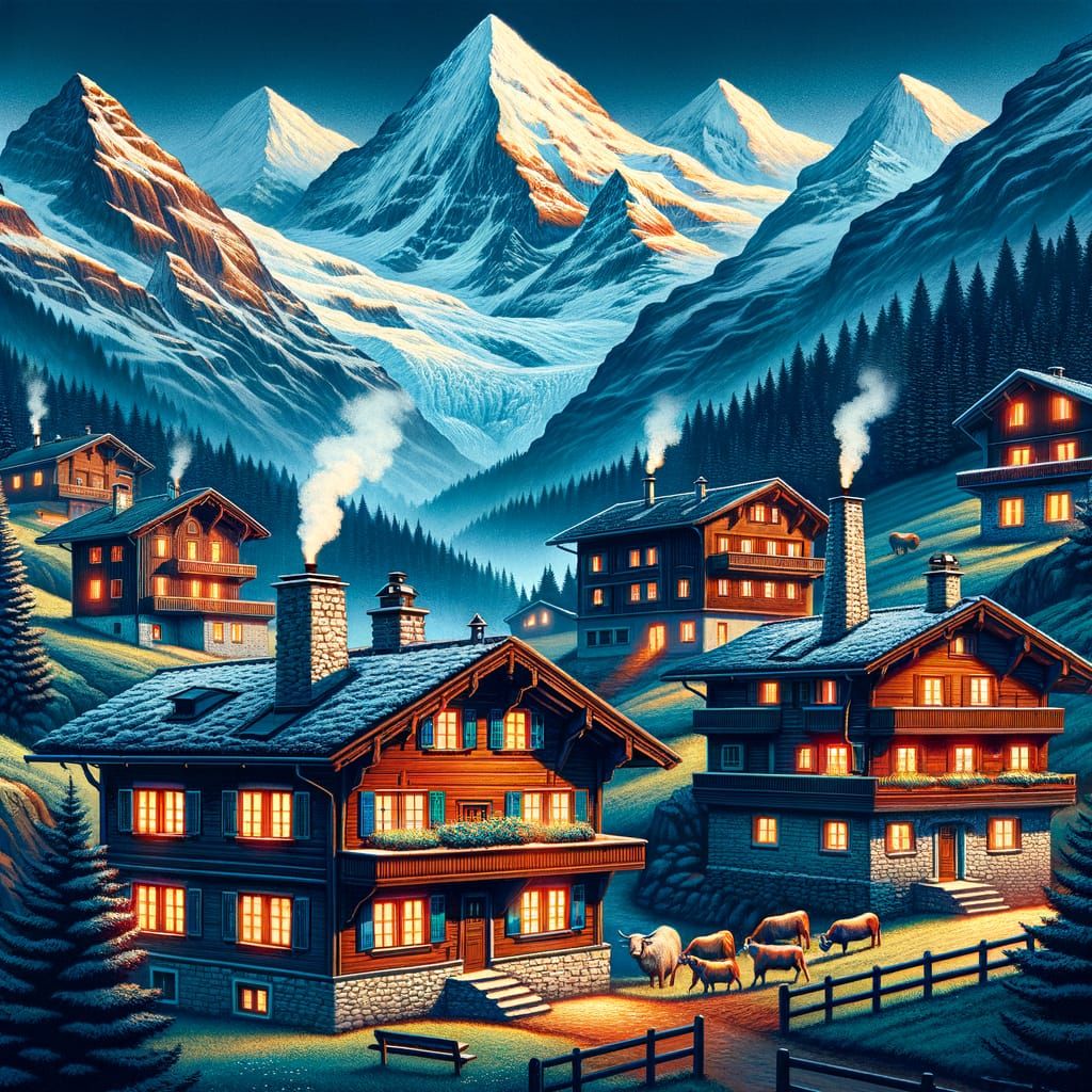 Storybook Swiss Village in Twilight Alps