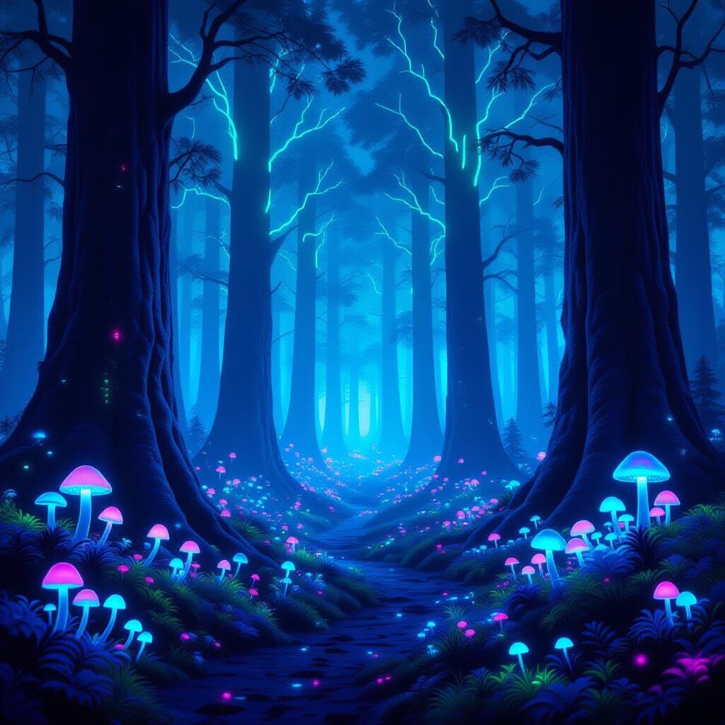 Neon Forest at Night: Ethereal Electric Glow