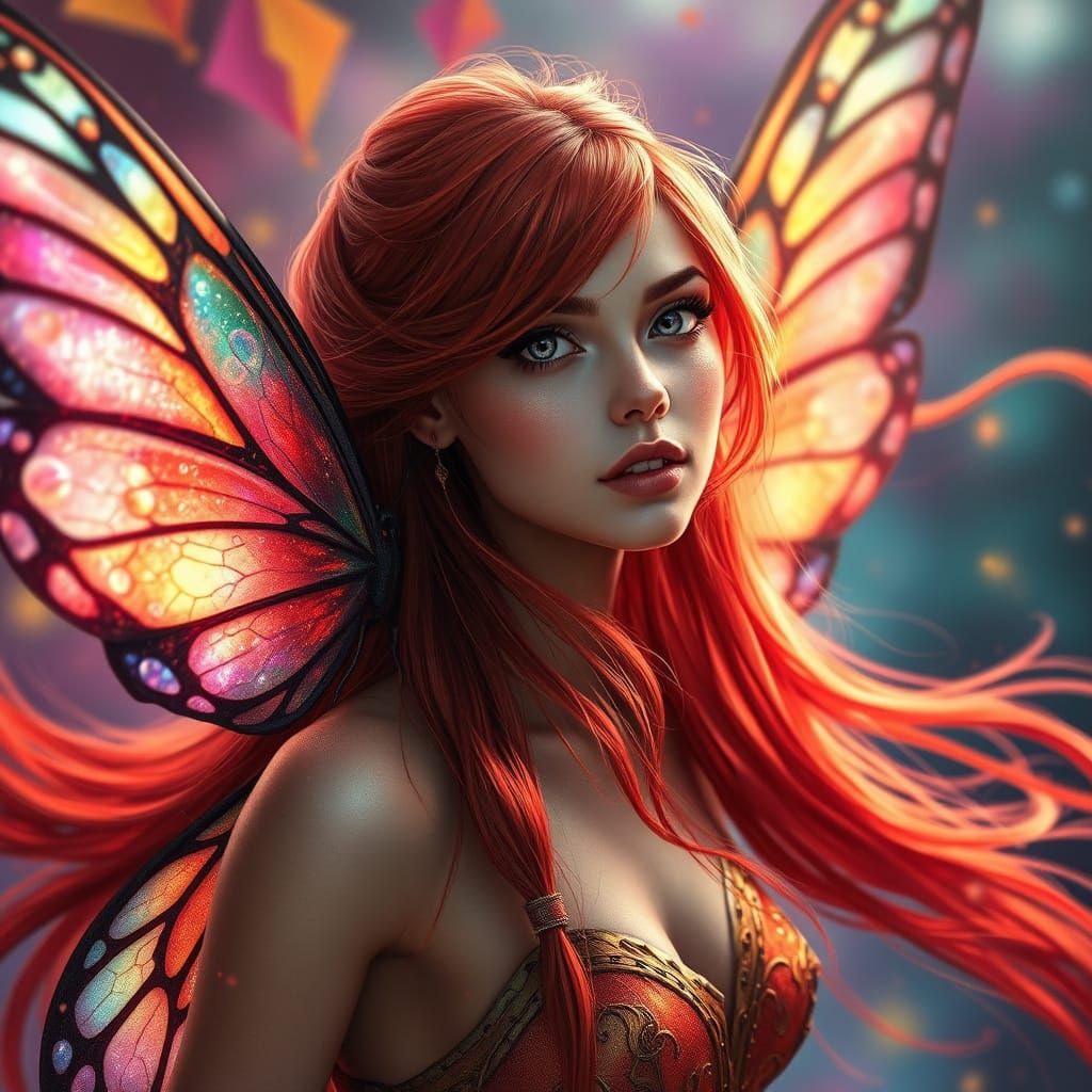 Beautiful Butterfly Fairy with Red Hair in Splash Art Style