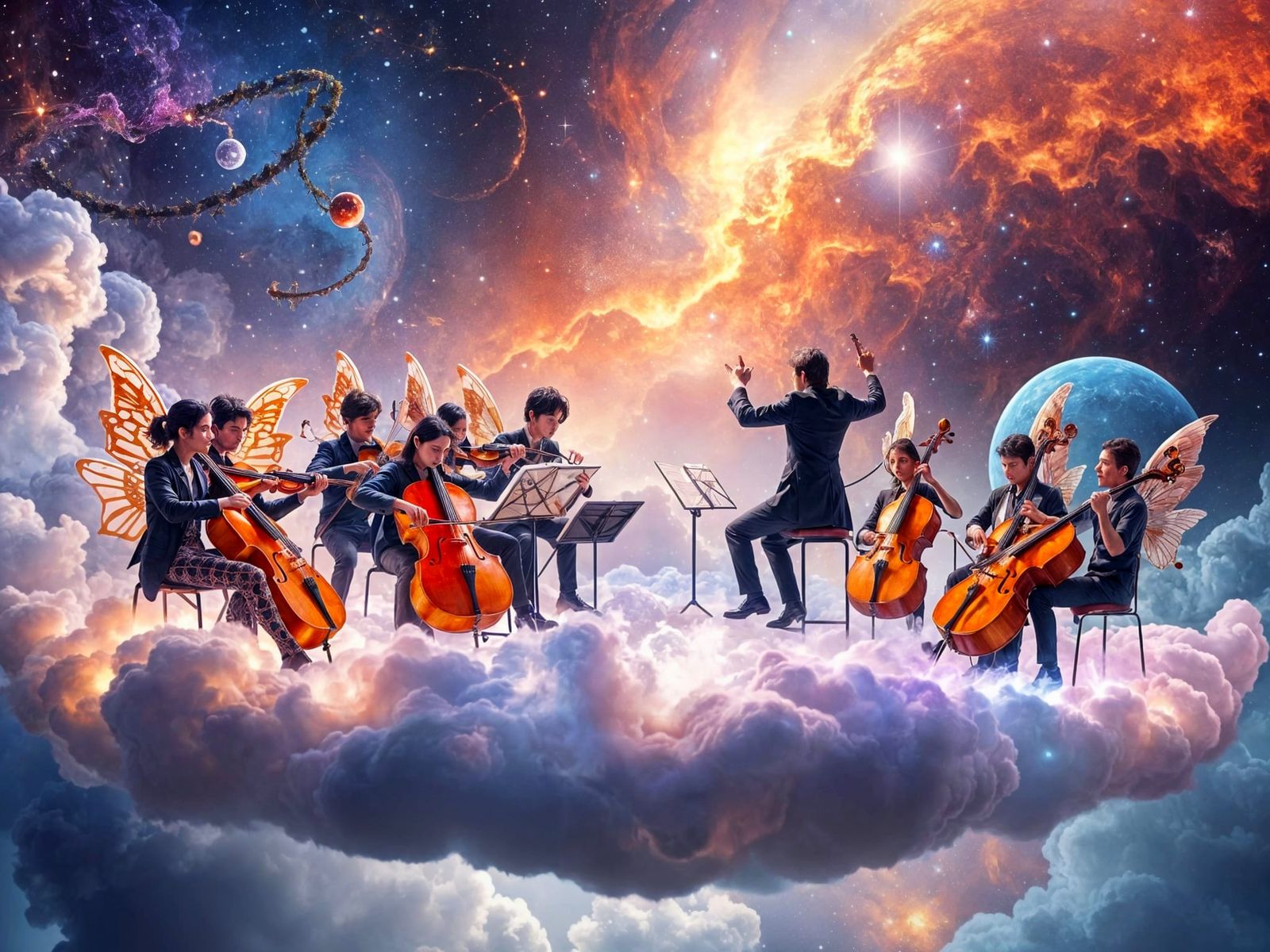 Dreamlike Orchestra Performs in a Swirling Cosmic Atmosphere...