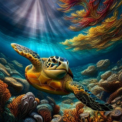 Stained Glass Sea Turtle in Tropical Reef