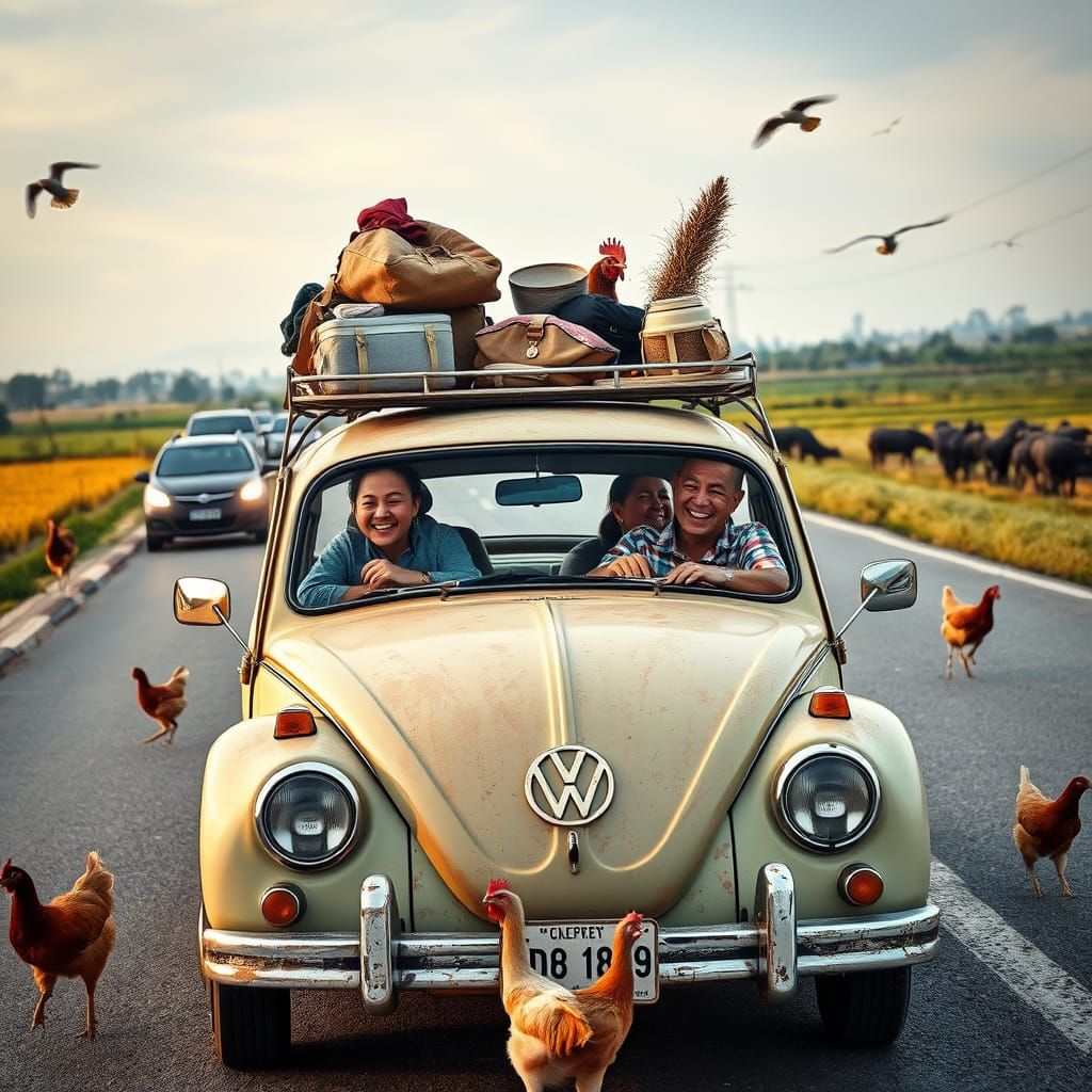Joyful Family Road Trip in a Vintage VW Car Amidst Lush Coun...