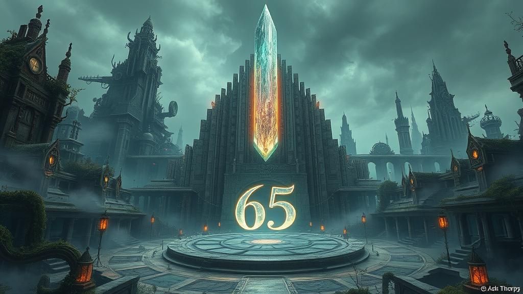 Mystical Cityscape with Glowing Runes and Number 65