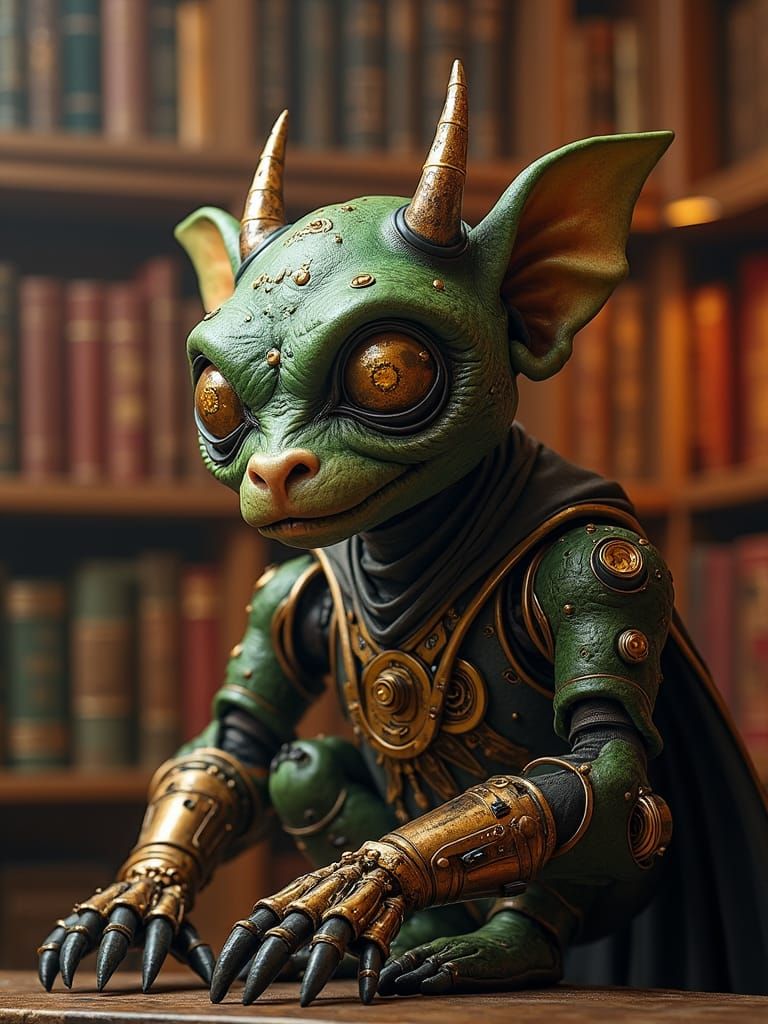 Clockwork Goblin in Library: Hyperrealistic Concept Art