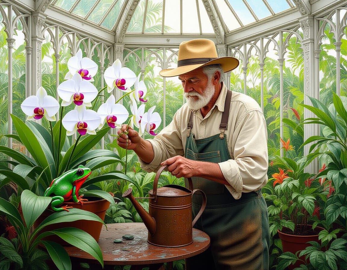 Exquisite Orchids in Victorian Glasshouse, Hyperrealistic Oi...