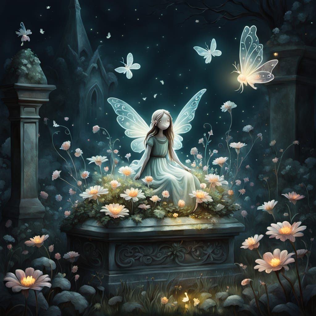 Ghostly Fairy Flies Through Flowers on Ornate Grave