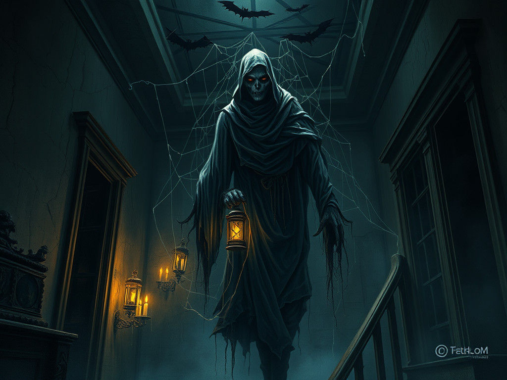 Ghoulish Spirit in Haunted House, Dramatic Illustration