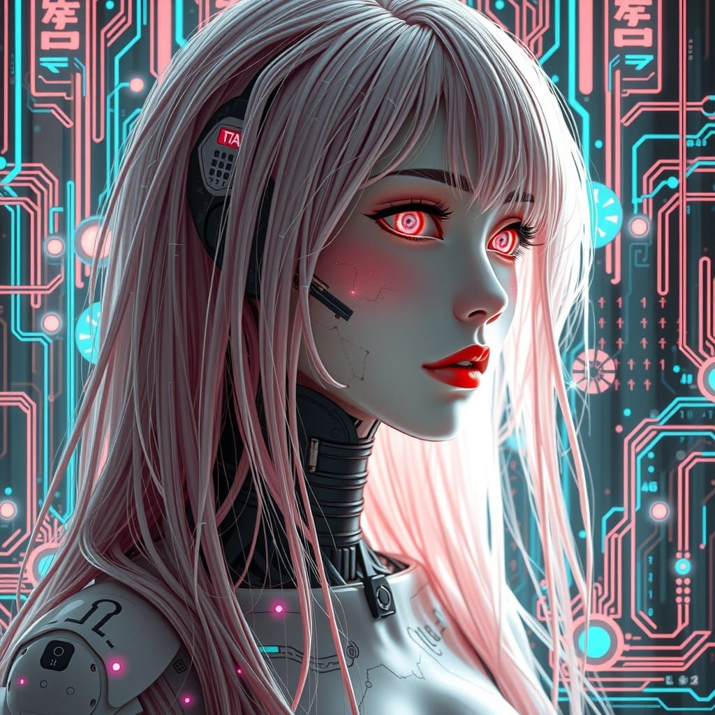 Android Siren with Glitching Circuitry in Cyberpunk Style