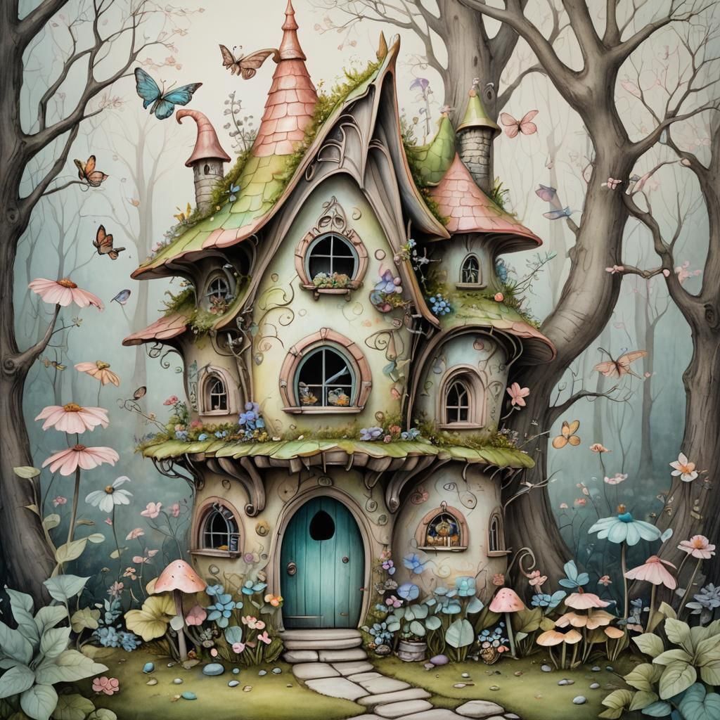 Whimsical Fairy Home in Pastel Graphite