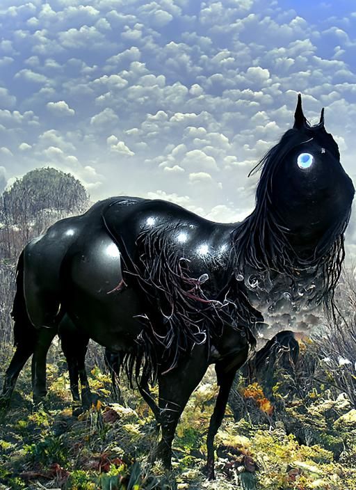 Cosmic Black Horse in Dystopian Fantasy Style