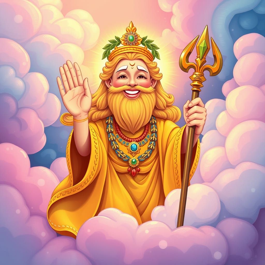 Whimsical God of Happiness in Vibrant Pastel Hues