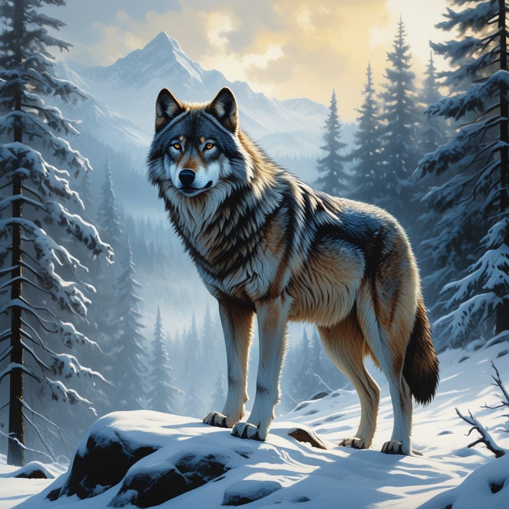 Majestic Wolf in Winter Landscape Oil Painting