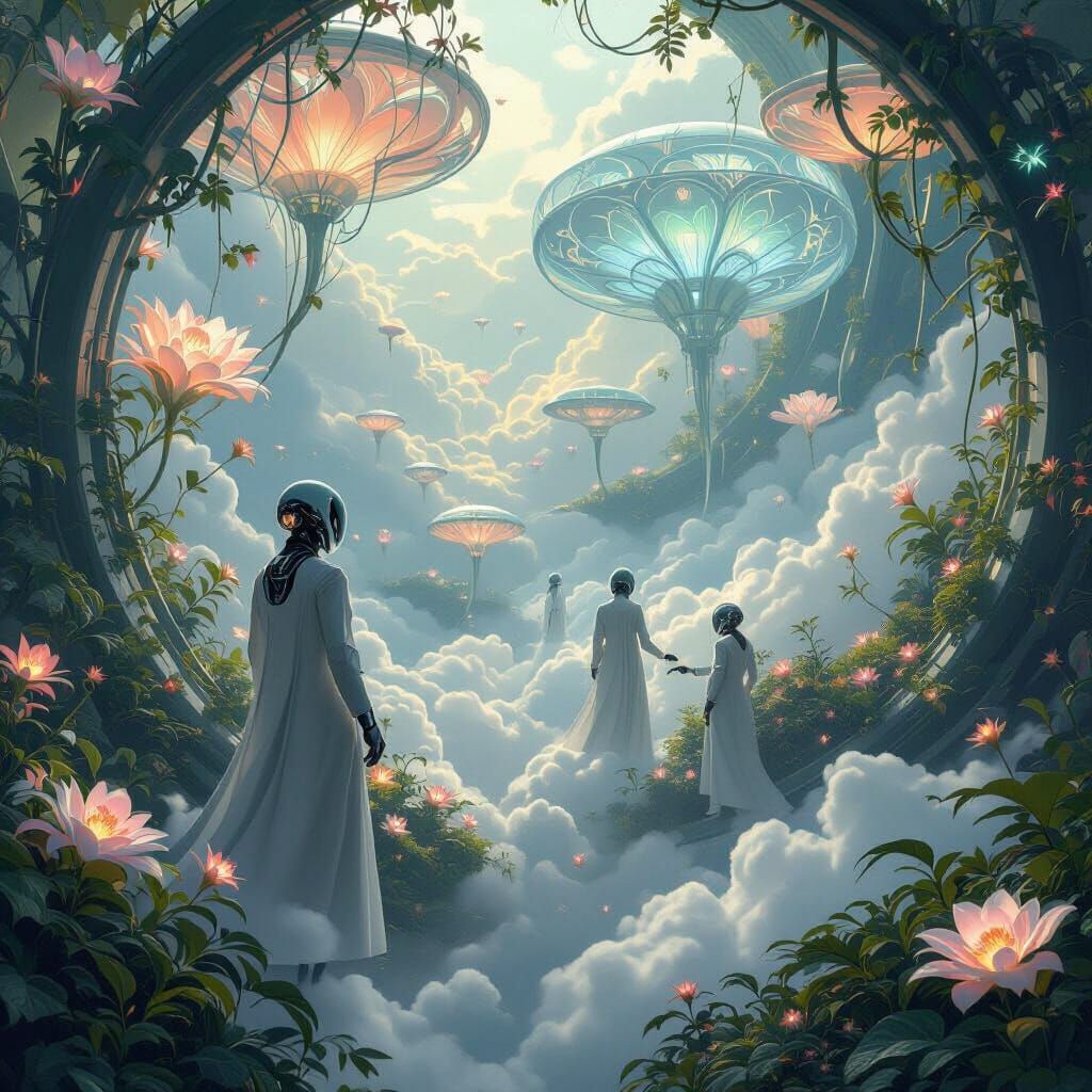 Futuristic Cloud Garden with Bioluminescent Flora
