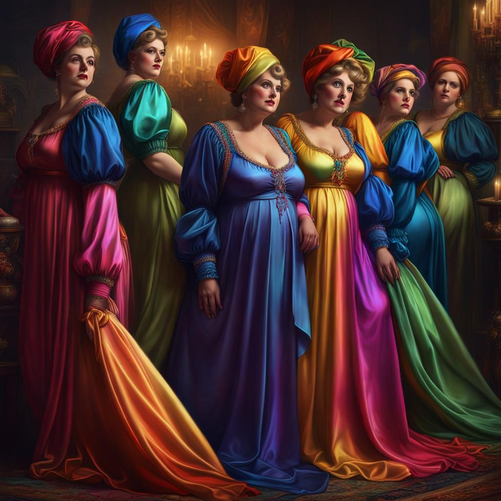 Rainbow Satin Figures in Rembrandt Style