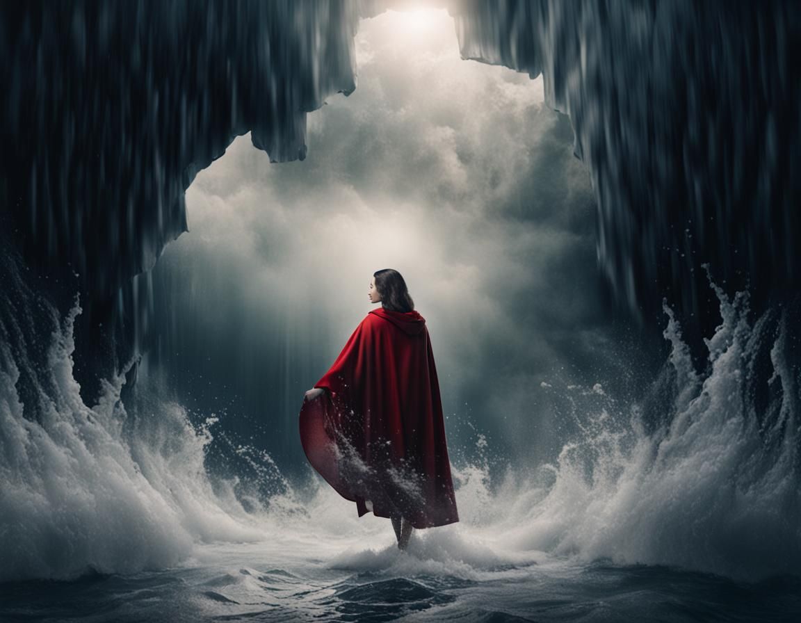 Woman in Red Cape Emerging from Water