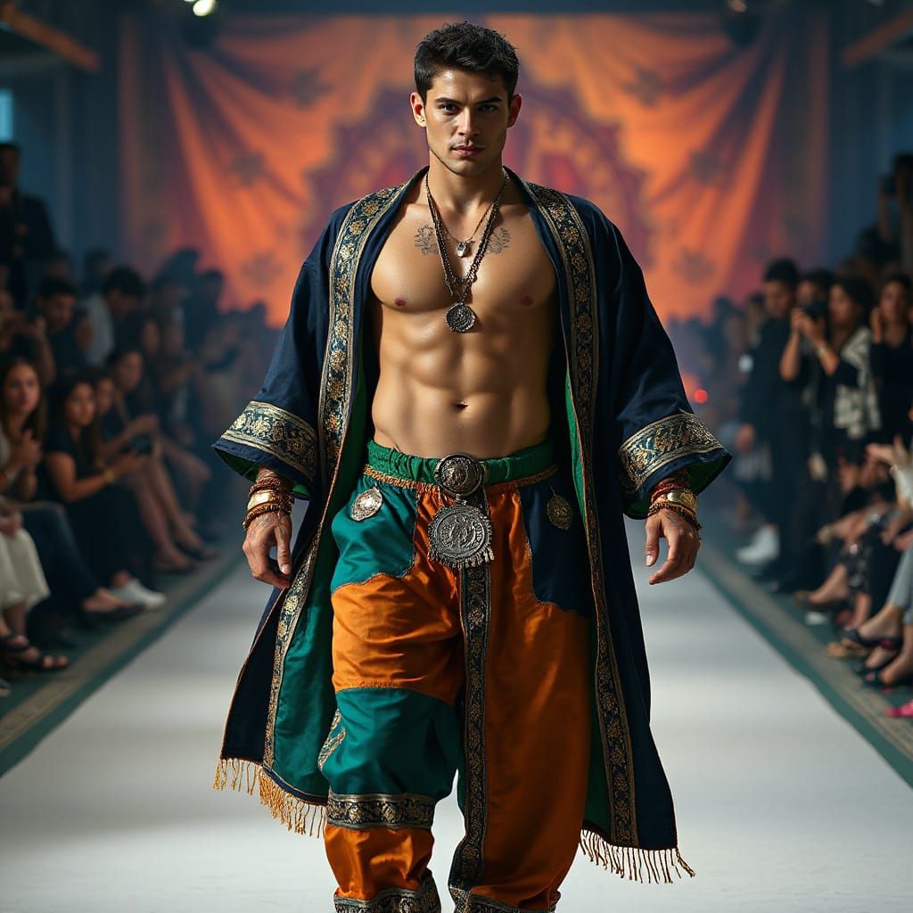 Chiseled Male Model Stuns in Bohemian Runway Regalia
