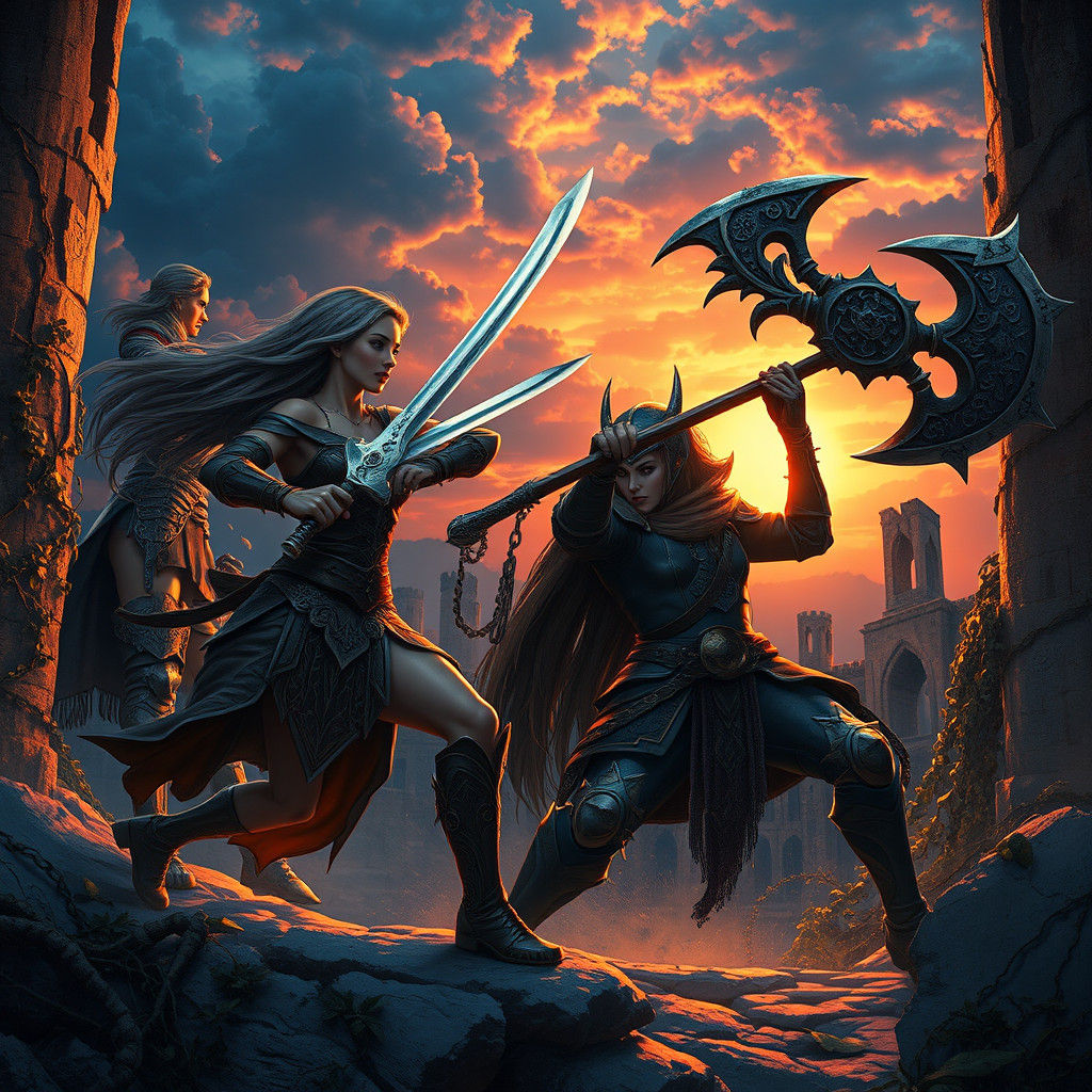 Women Warriors Clash in Mystical Arena in Hyper-Detailed Sty...