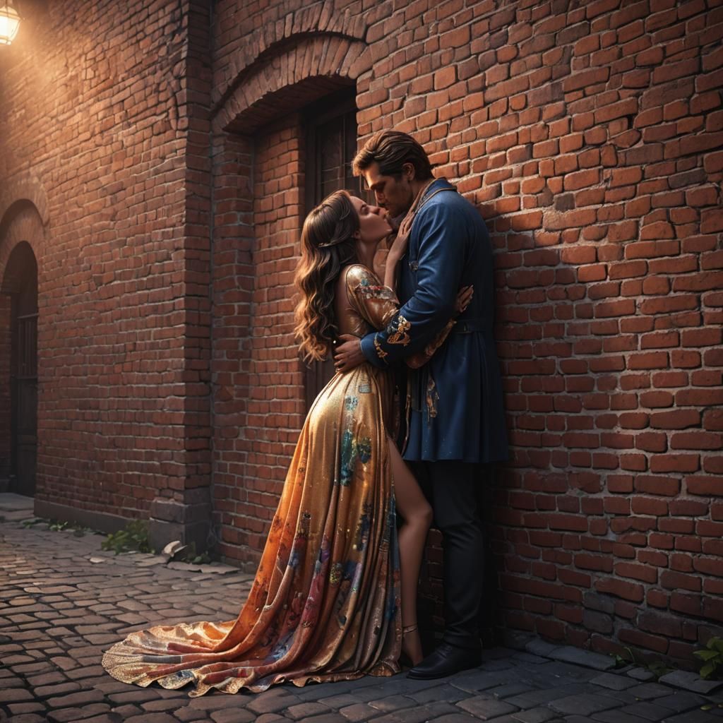 Romantic Sunset Kiss Against Brick Wall Painting
