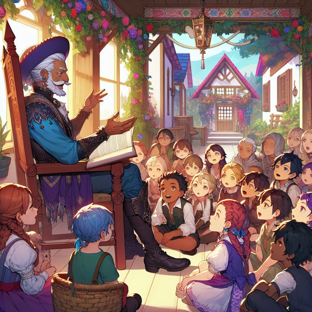 Whimsical Elder Shares Fantastical Tales in Vibrant Courtyar...