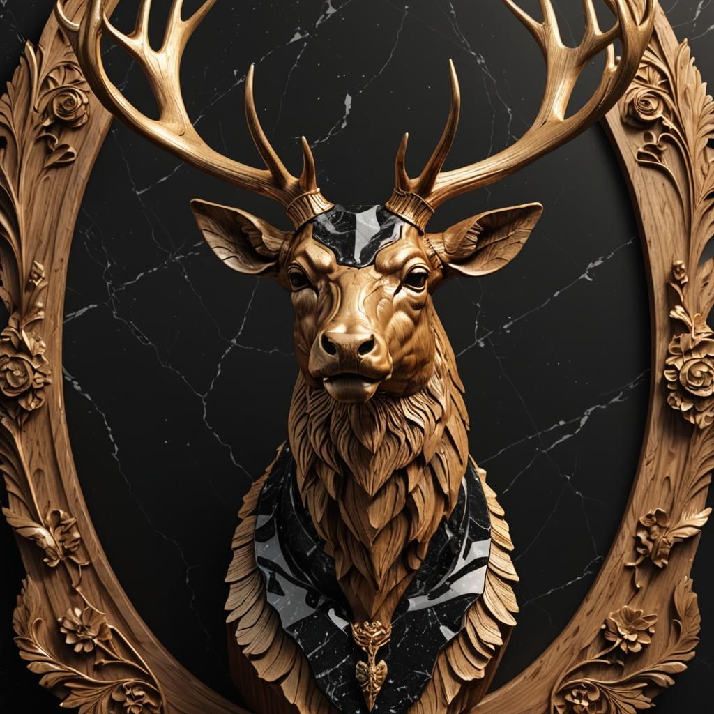 Detailed Wooden Deer Head on Marble Pedestal