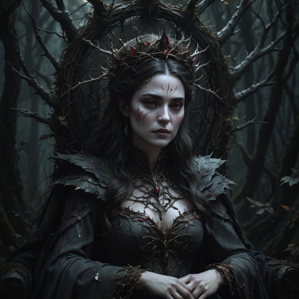 Thorn Queen in Misty Forest: Dark Fantasy Art