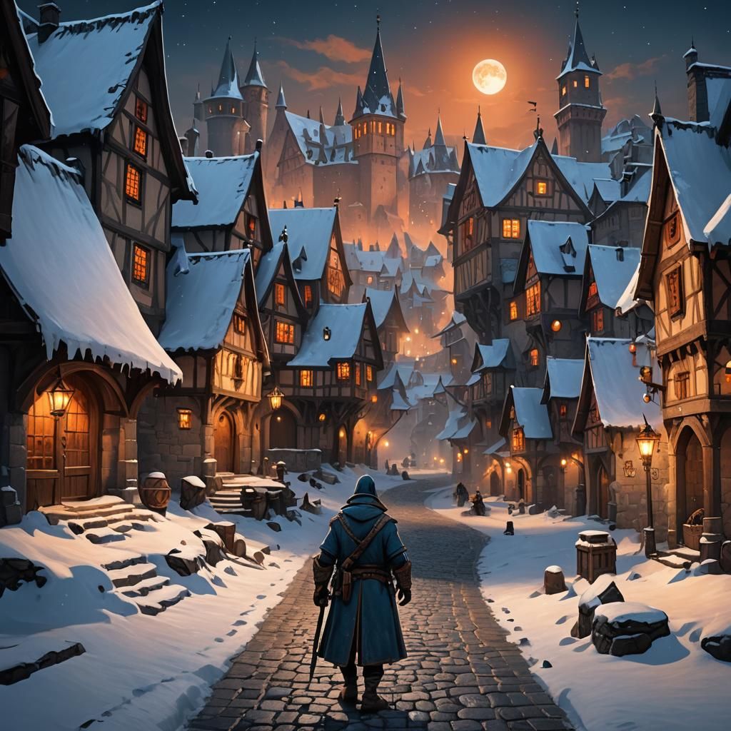 Icy Fantasy Town with Clockwork Mechanisms