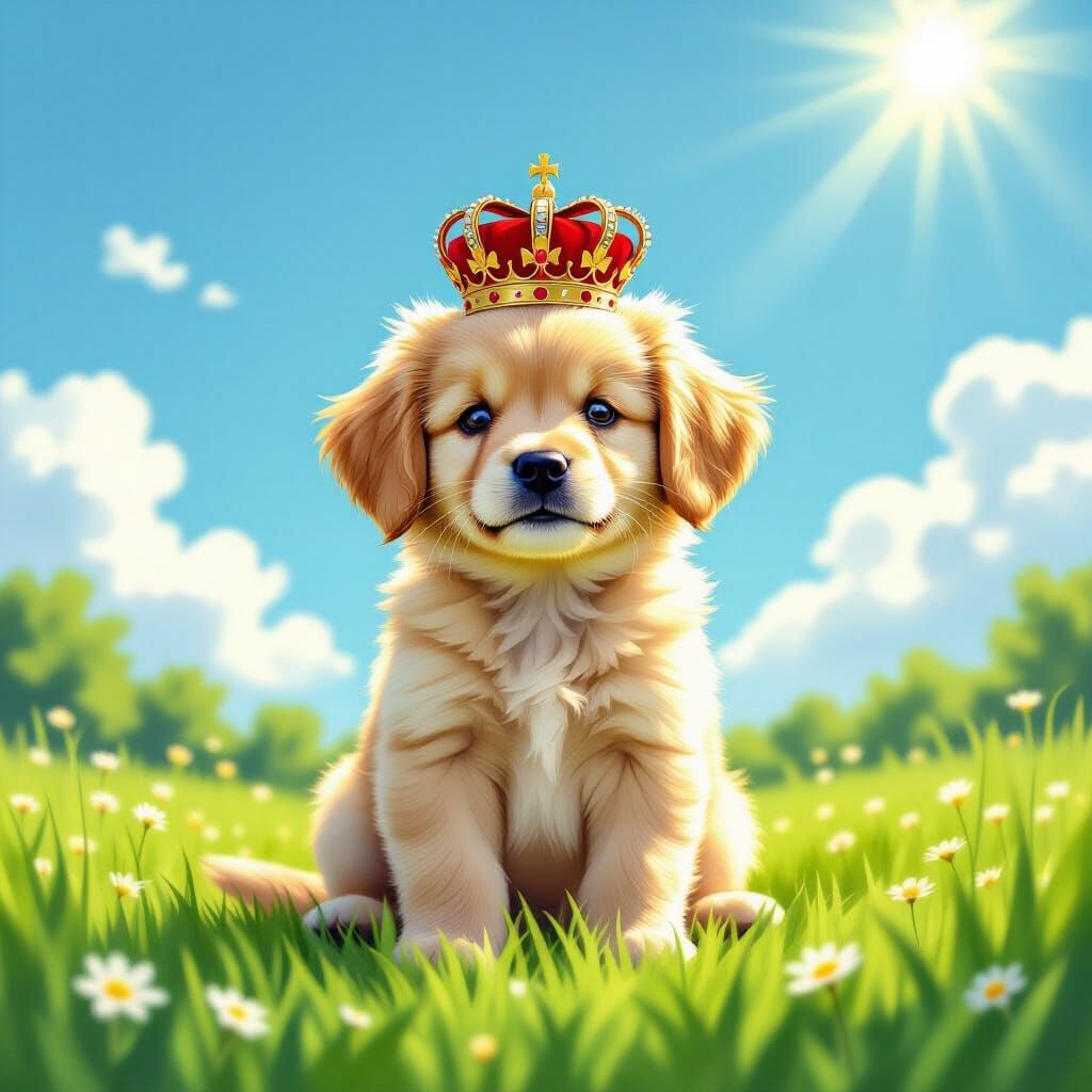 Cute Puppy King in Grassy Field, Storybook Style