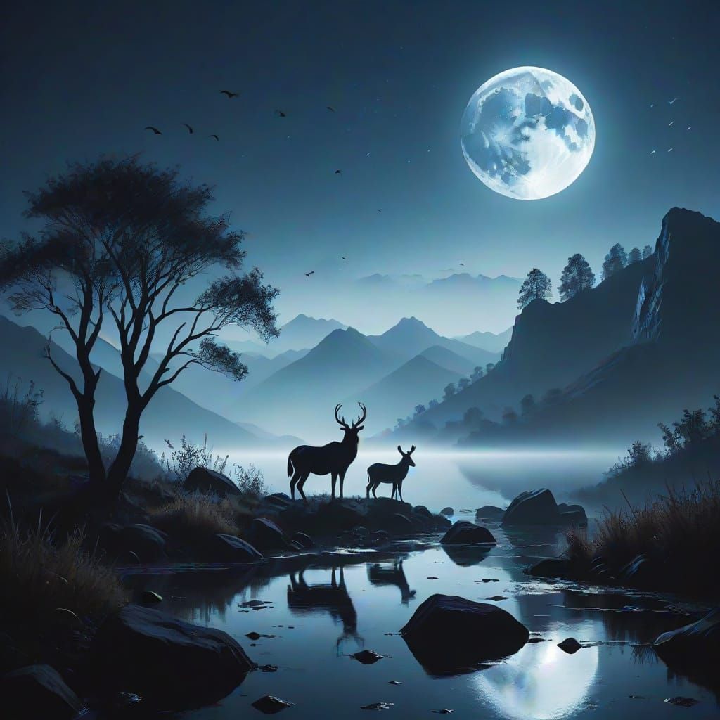 Moonlit Night Scene in Silver Tones