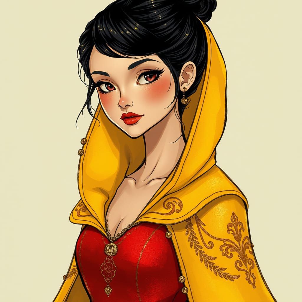 Young Woman in Vibrant Yellow Cape and Red Dress with Golden...