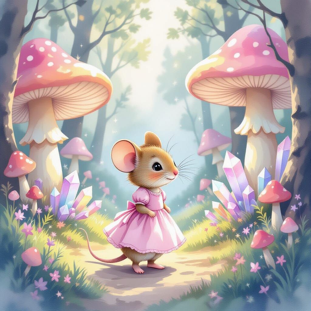Whimsical Mouse Girl in Pastel Fairy Tale Forest