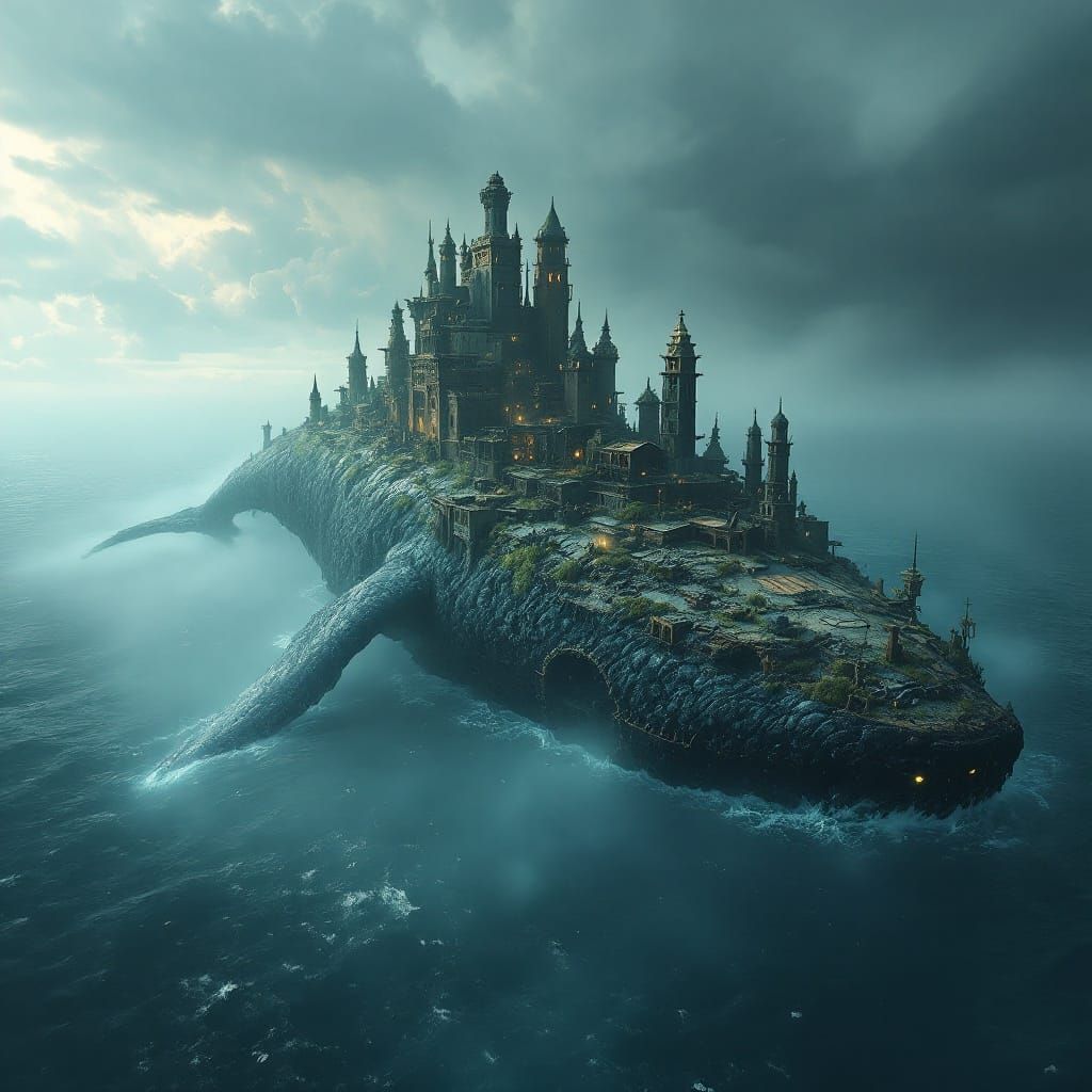 Whale City: Ancient Colossus Drifting in Misty Ocean