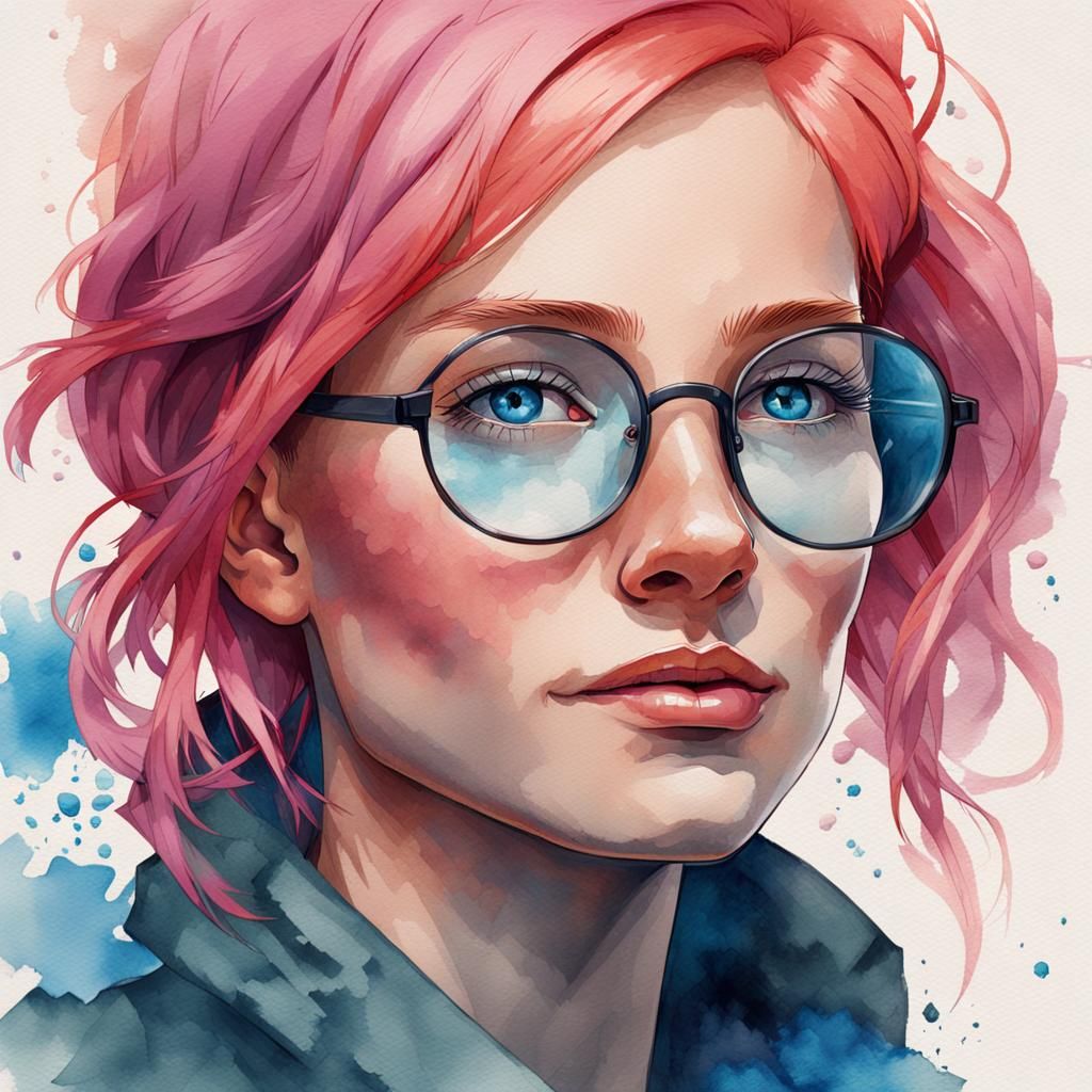 Pink-Haired Woman Portrait in Watercolor Style