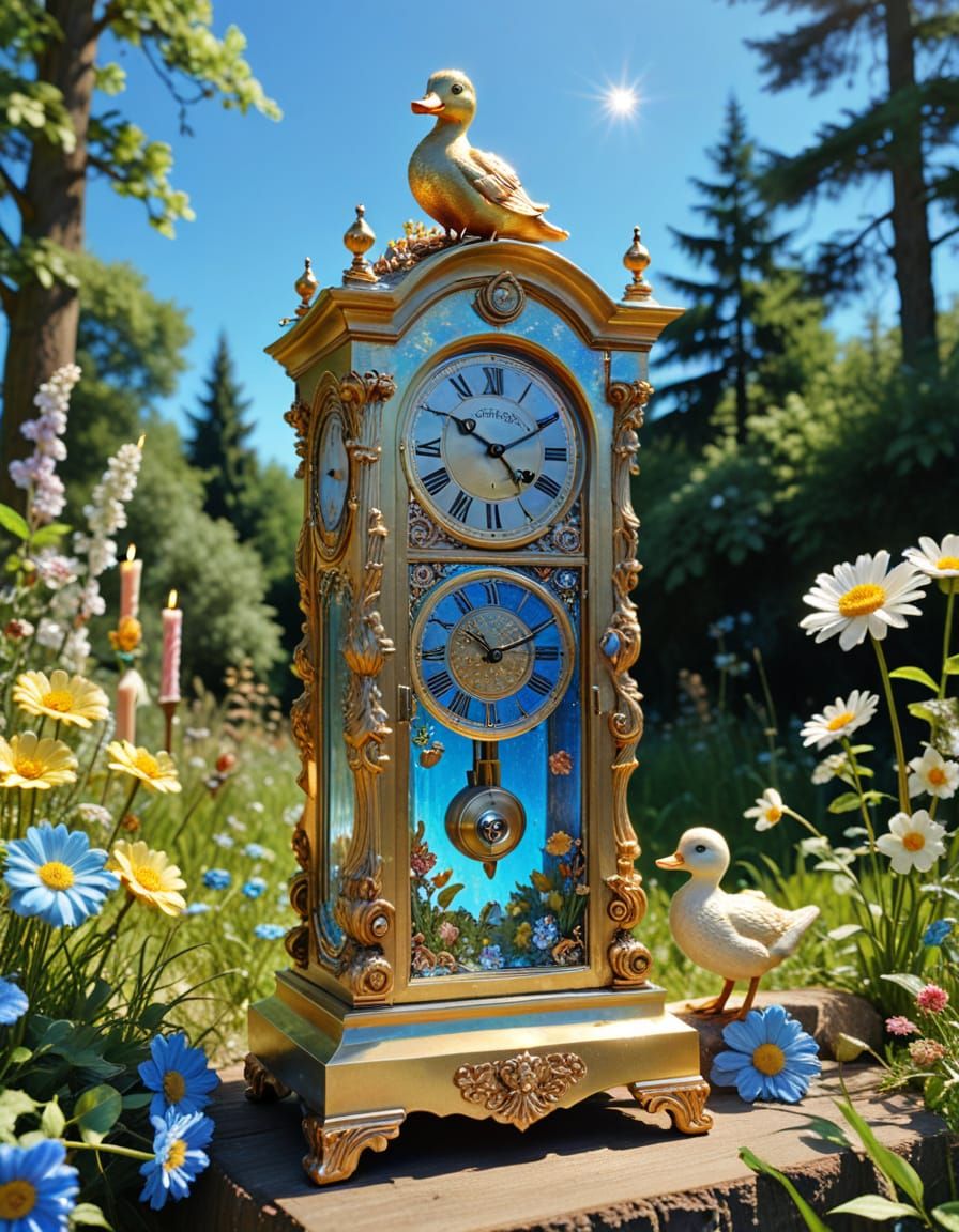 Whimsical Antique Clock and Duckling Sculpture