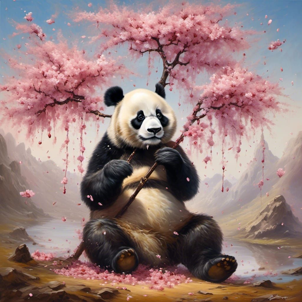 Hyperrealistic Panda Under a Giant Cherry Blossom Tree