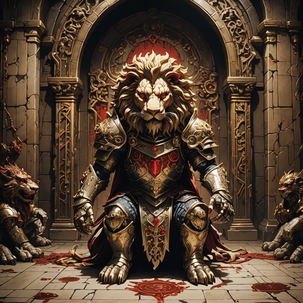 Demonic Porcelain Lion Knight in Anime Style