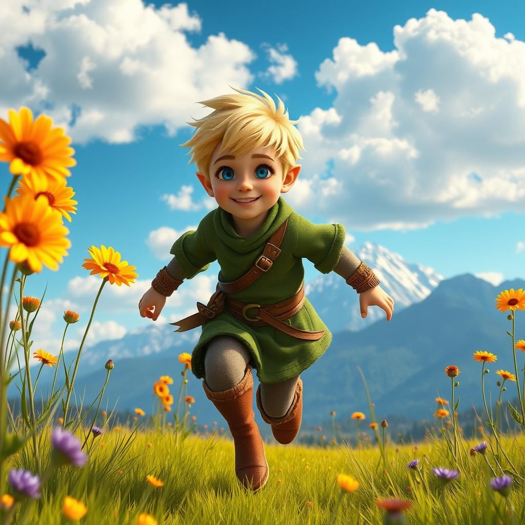 Blond Boy Running Through Wildflower Meadow