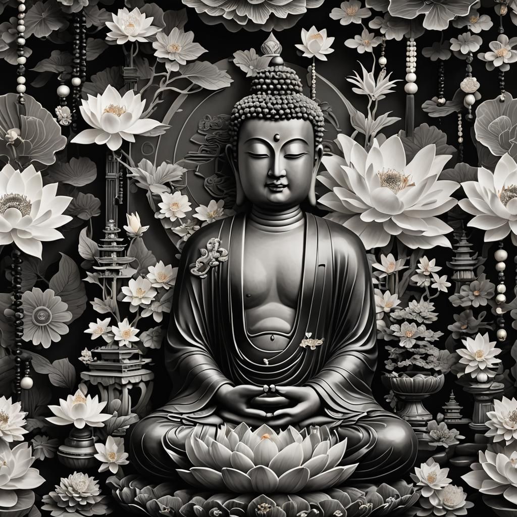 Buddhist Symbols Collage in Black and White