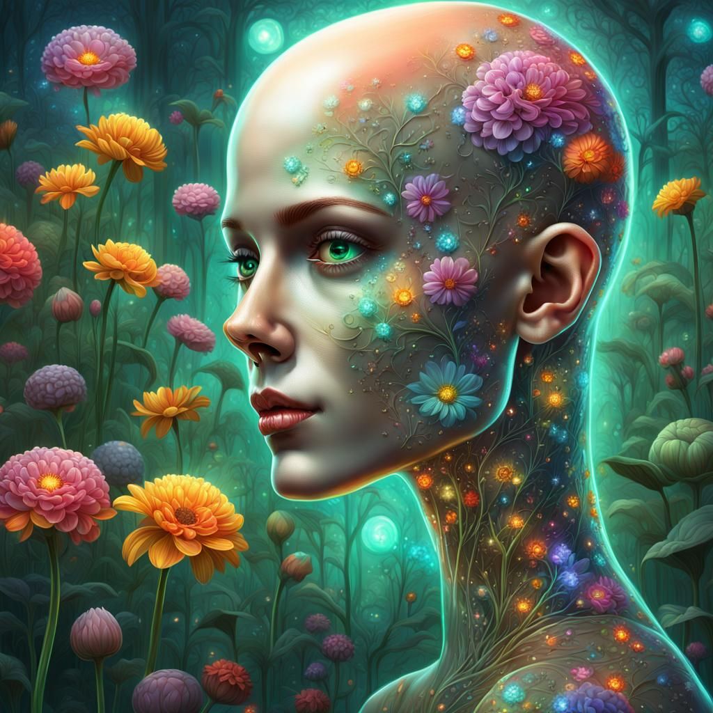 Glass Woman with Glowing Brain in Flower Garden