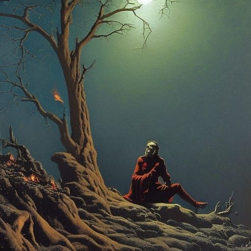 Vampire by Campfire: Horror Painting in Doré Style