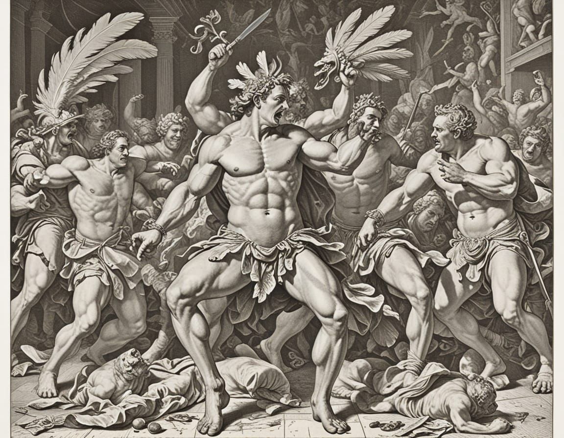 Dramatic Baroque Battle Scene in Earthy Tones