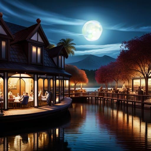 Night cafe on a lake