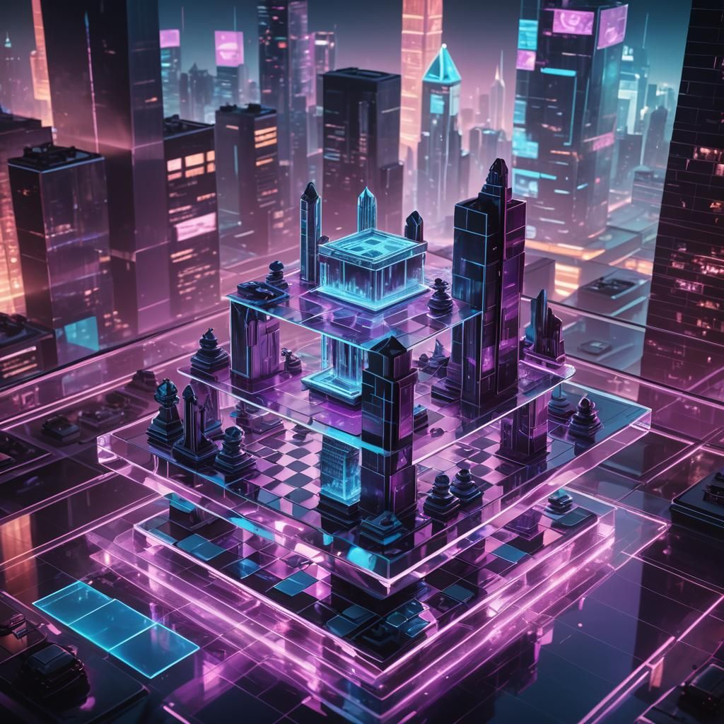 Futuristic Chessboard with Holographic Pieces in Neon Citysc...