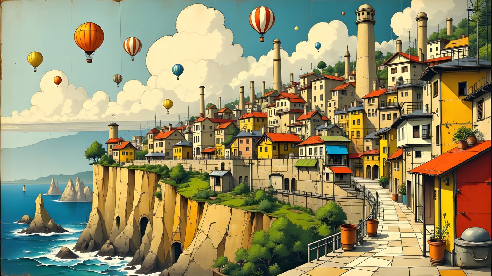 Busy Town on Cliff Coastline as Mondrian Akimora Style