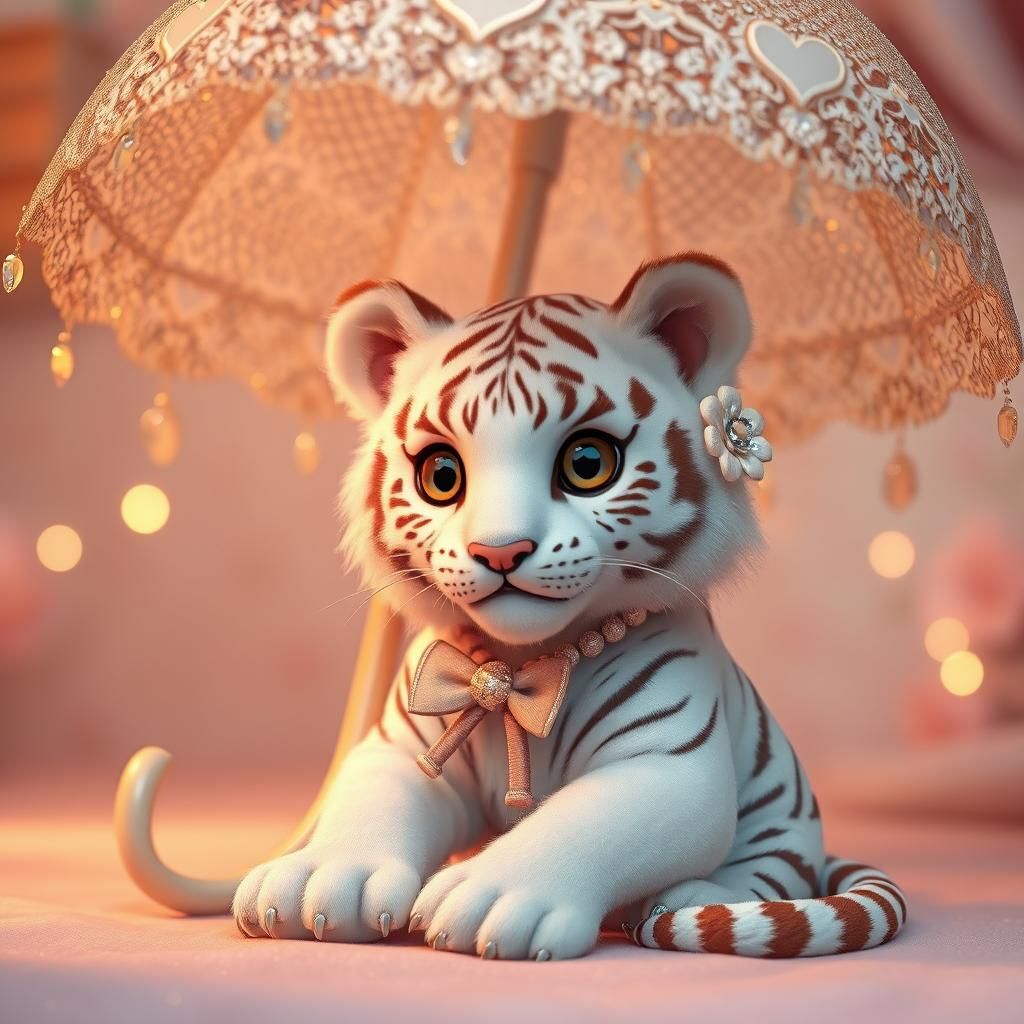 Cute White Tigress Under Shimmering Umbrella