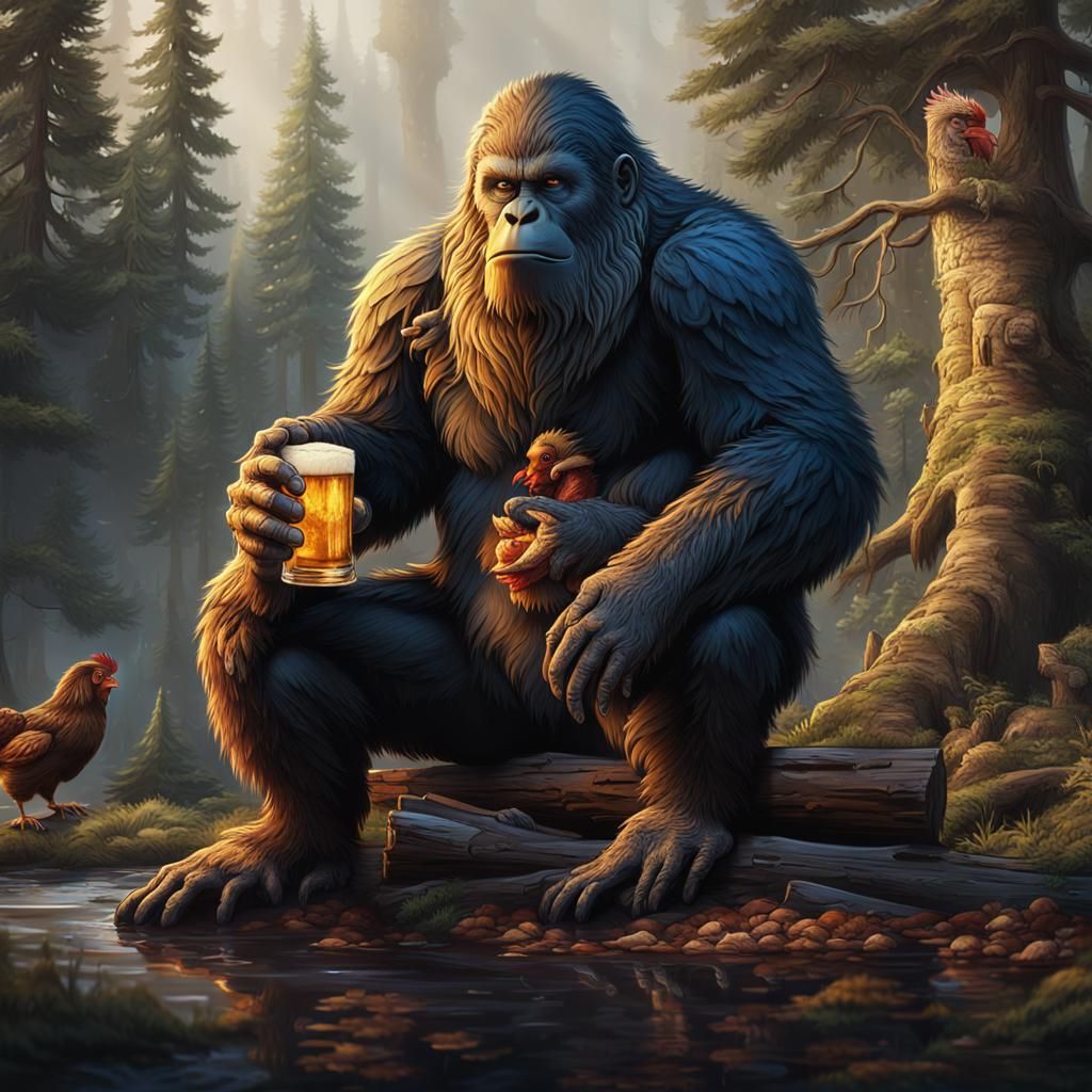 Bigfoot Relaxing with Beer and Chicken: Detailed Matte Paint...