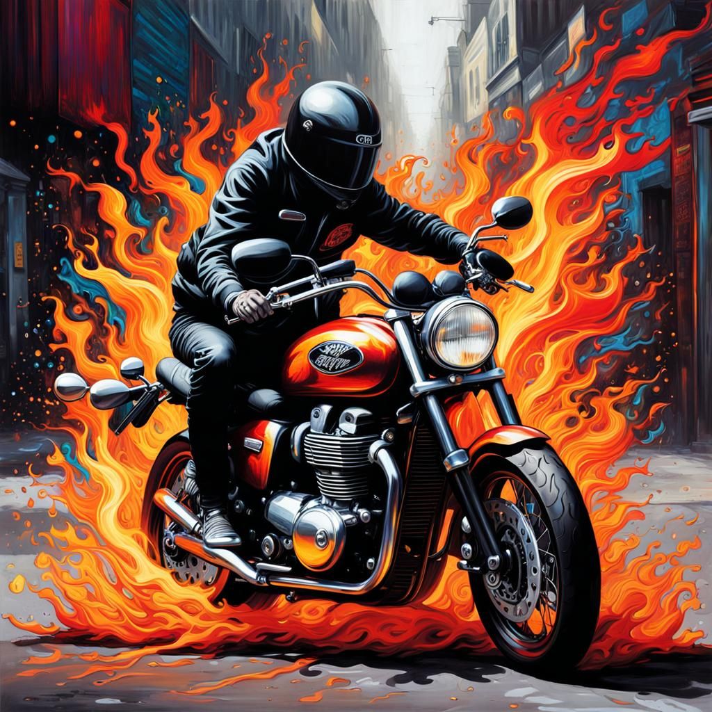 Motorcycle Rider in Flames: Graffiti Art Style