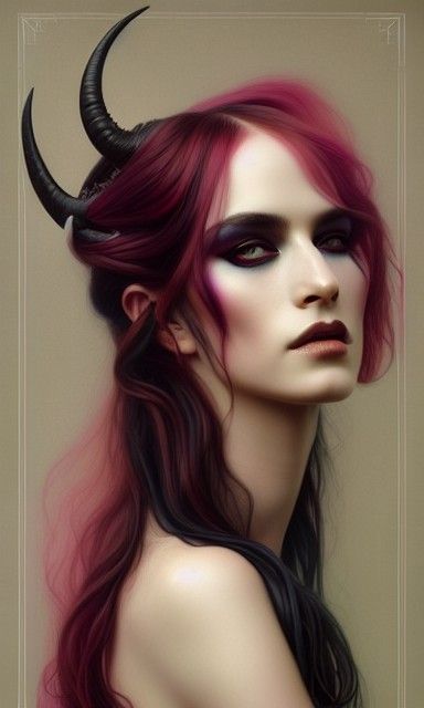 Gothic Goddess Portrait with Ram Horns in Pastel Colors